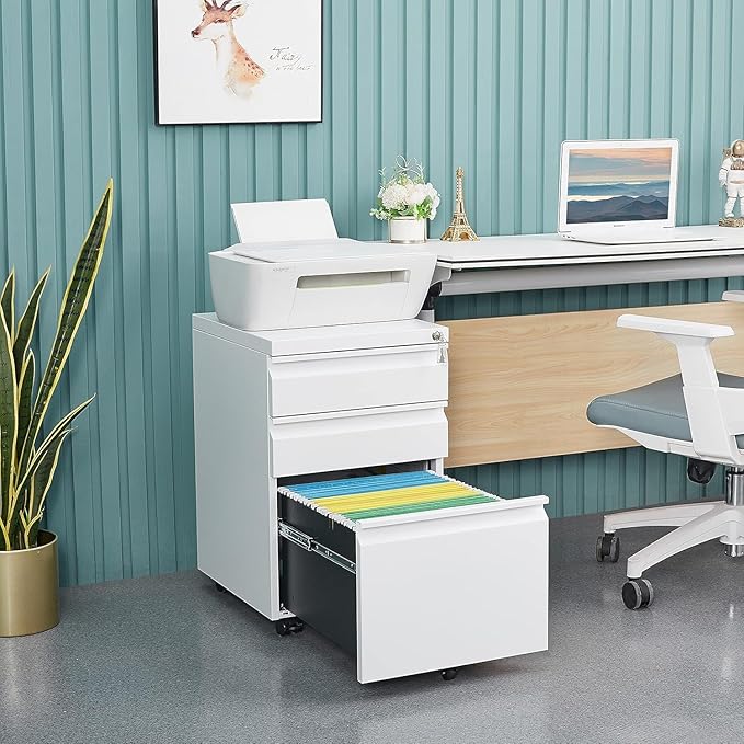 3 Drawer File Cabinet with Lock, File Cabinets for Home Office,Under Desk Cabinet, Locking File Cabinet for A4/Letter/Legal, Fully Assembled Expect Casters, Matte White