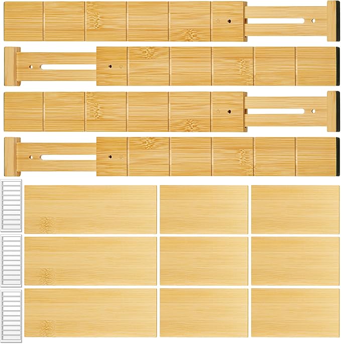Bamboo Drawer Organizer - with Inserts & Labels, 17-22" - Adjustable Spring Loaded Kitchen Dividers for Utensils & Junk Storage - Expandable Silverware Separators for Organization