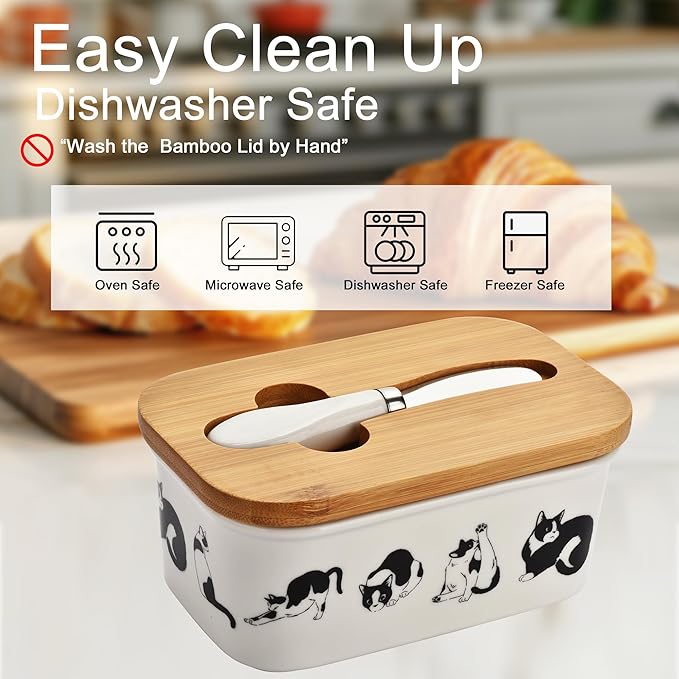 Cute Cat Large Butter Dish with Lid for Countertop,Cute kitten Ceramic Covered Butter Holder with Knife for Fridge, Airtight Butter Keeper Container Storage for East West Coast Butter,White