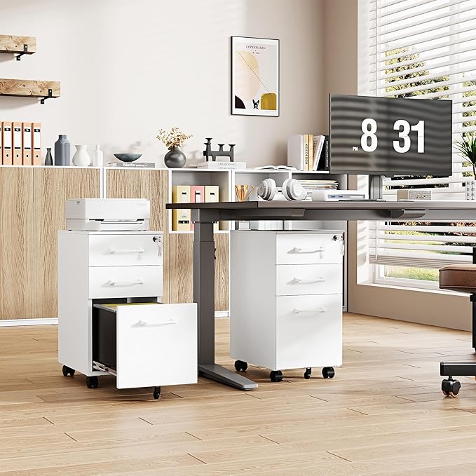 3 Drawer Slim File Cabinet, Mobile File Cabinet with Lock for Home Office, Rolling Narrow File Cabinet, Under Desk Locking Filing Cabinet on Wheels for Legal/Letter/A4 File(Unassembled,White)