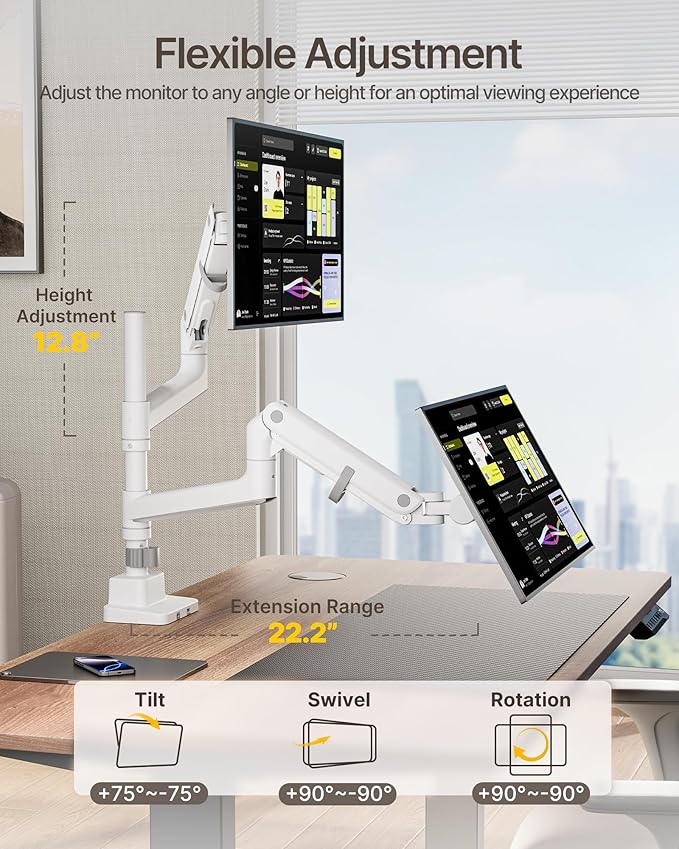 monTEK 17-57 Inch Dual Ultrawide Monitor Arm for Up to 59.4lbs Screen, Aluminum Heavy-Duty Gas Spring Vertical Stackable Curved Screen Adjustable Monitor Stand,75/100mm Vesa Mount, White