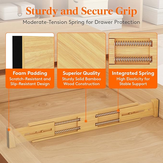 Lifewit 6 Pack Drawer Dividers Bamboo 2.4" High, 16-22" Adjustable Drawer Organizers for Clothes, Wooden Dresser Separators in Bedroom/Bathroom/Kitchen/Fridge/Office Organization and Storage