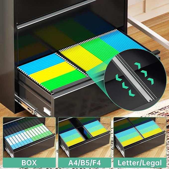 Bonusall 4 Drawer Lateral File Cabinet with Lock, Locking Metal lateral Filing Cabinet for Office Steel lateral File Cabinet, Large Horizontal File Cabinet Locked by Keys-Black