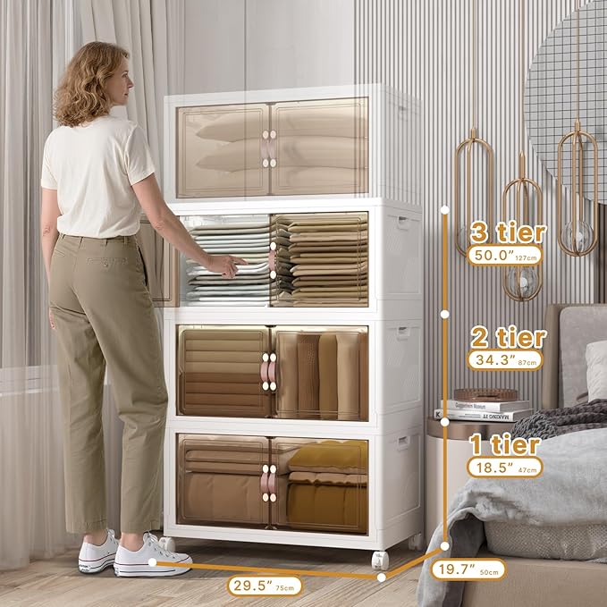 Extra Large Stackable Storage Bins with Lids & Wheels, Foldable Collapsible Closet Organizers Storage Cabinet with Doors for Bedroom Dorm (White, 504QT-168QT/42GAL*3Pack)