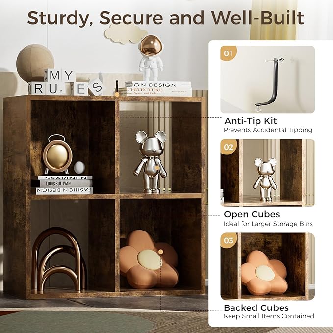 COMHOMA 4 Wood Cube Storage Organizer with Open Back and Removable Back Panels, 11In Brown Cube Storage Bookshelf, Cubicle Shelf Bookcase for Home Office Bedroom Living Room, Vertical or Horizontal