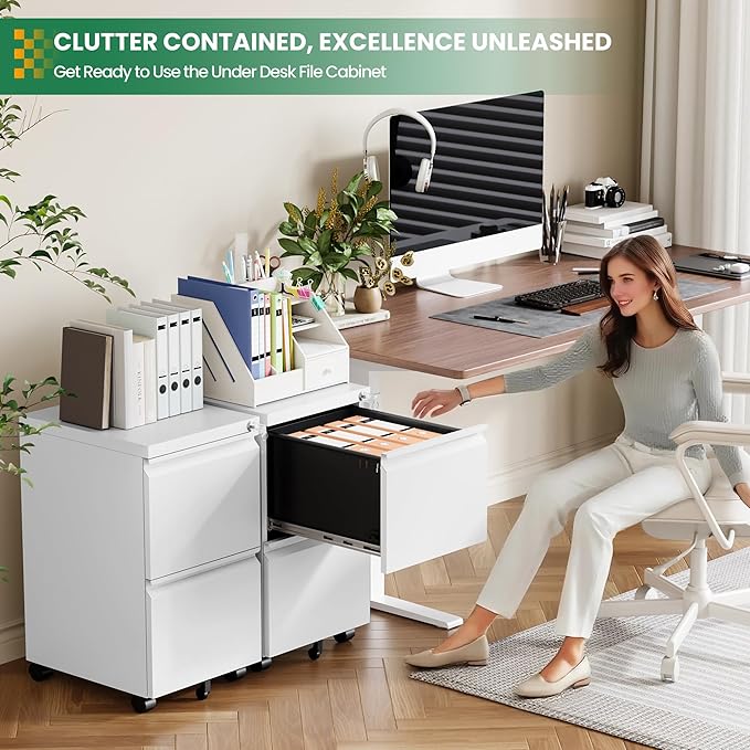 2 Drawer Mobile File Cabinet with Lock,Under Desk Filing Cabinet for Home Office, Metal Filing Cabinets on Wheels for Legal/Letter/A4 File, Assembled Required, White