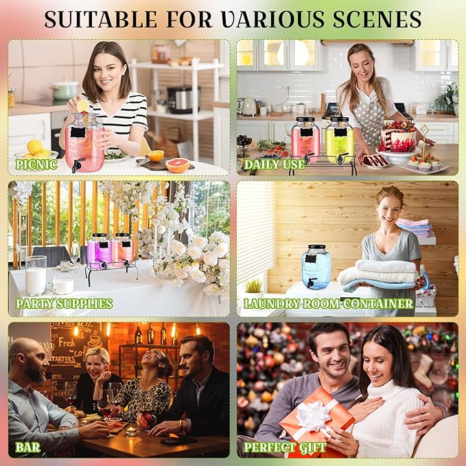 Lallisa 2 Pcs 2 Gallon Glass Drink Dispenser with Stand Ice Cylinder Hanging Chalkboard Signs 18/8 Stainless Steel Spigot Beverage Dispensers for Parties Mason Jar Drink Lemonade (Black Spigot)