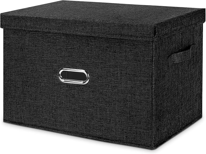 Large Linen Fabric Foldable Storage Bins with Removable Lid and Handles, Washable Storage Box Organizer Containers Baskets Cube with Cover for Bedroom,Office(Black, Large)