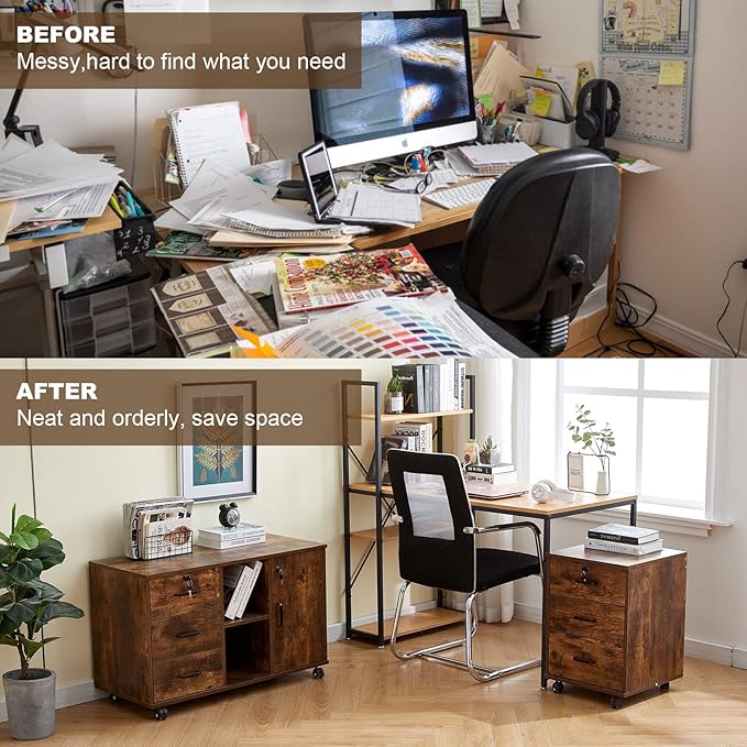 TUKAILAi Mobile File Cabinet with 3 Drawers, Lockable Storage Unit Wooden Rolling Office Filing Cabinet with Wheels, for Legal/Letter/A4 Sized Documents Home Office (Rustic Brown 2PCS)