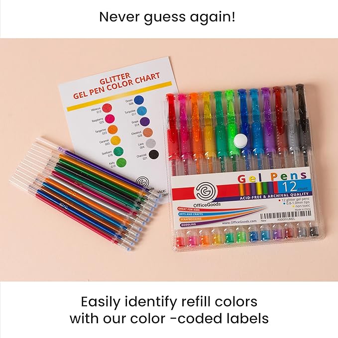 OfficeGoods Multicolor Gel Pens with Refills – Adult Coloring Journaling Art – Medium 0.8-1.0mm Tips – Non-Toxic Gel Pens Set – Quick Dry Smudge-Free 12 Pack Colors