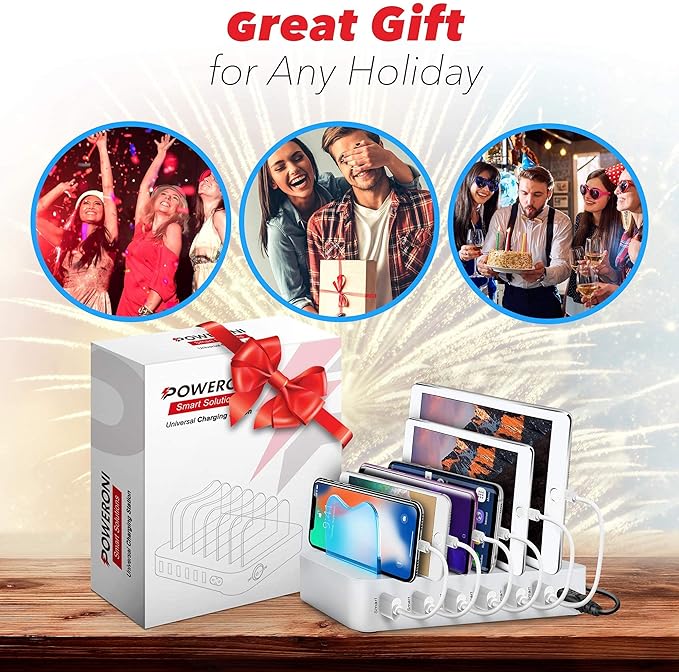 USB Charging Dock - 6-Port Universal Charging Station for Multiple Devices - Multi Device Charger Station - Compatible with Apple, iPad, iPhone, and Android Cell Phones and Tablets