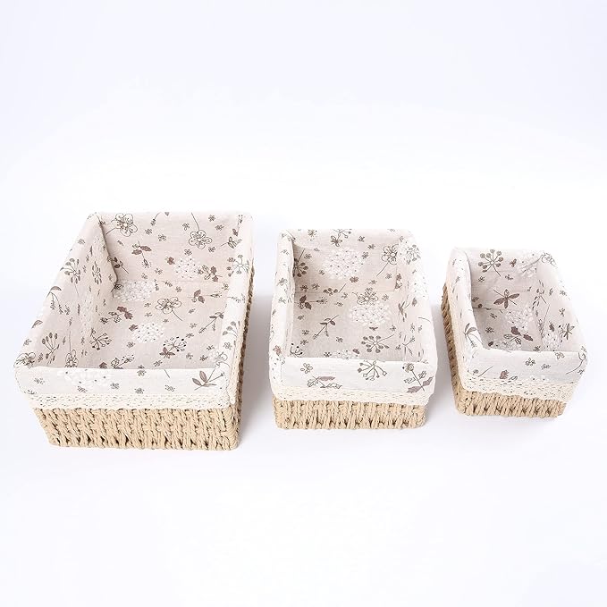YRMT Storage Baskets Set of 3,Decorative Paper Rope Woven storage Baskets with Liner,Rectangular Storage Bins Container for Makeup Bedroom Shelves Organizing,Home Deco, Beige
