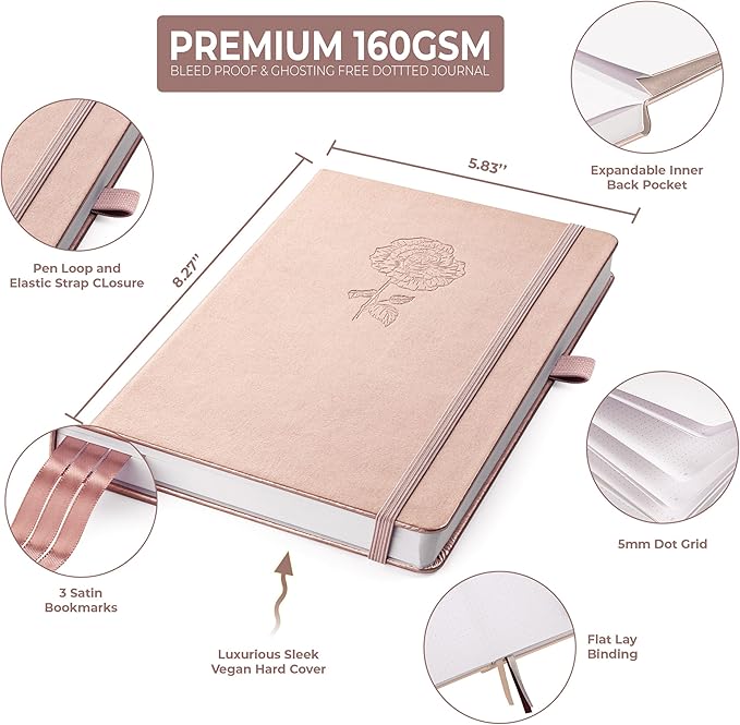 Dotted Journal – A5 Dotted Notebook with Bleedproof 160gsm Paper, Hardcover, Lay-Flat Design – Dot Grid Journal for Writing, Planning, Sketching & More