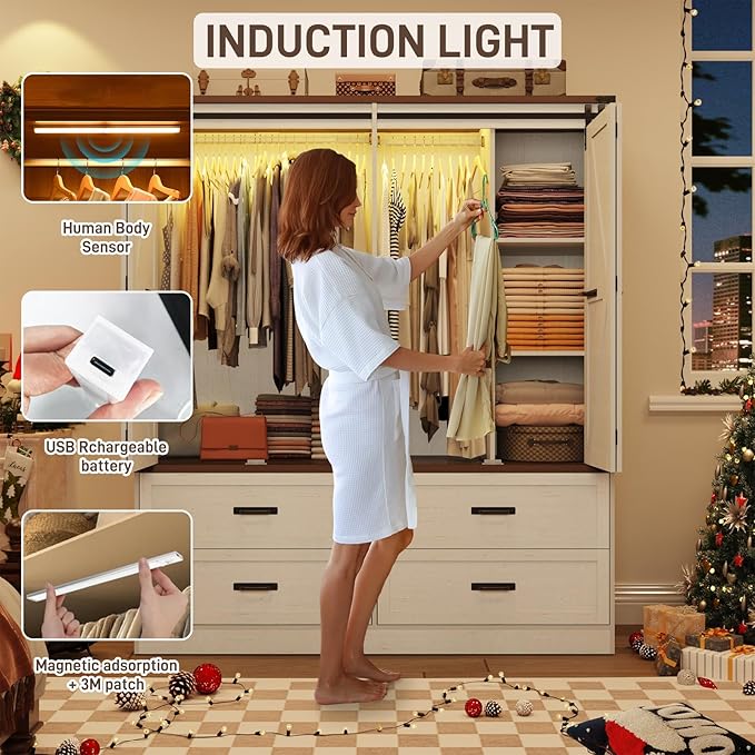 Farmhouse 4 Doors Armoire Wardrobe Closet w/Folding Sliding Barn Door and Lights, LED Armoire Closet w/Drawers for Bedroom, Freestanding Wooden Wardrobe Storage Closets w/Hanging Rod,Antique White