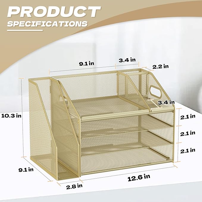 DocNest 4 Tier Paper Letter Tray File Organizer, Mesh Desk File with Handle, Workspace Desk Organizers with Pen Holder, Office Organization Storage Accessories - Gold Yellow