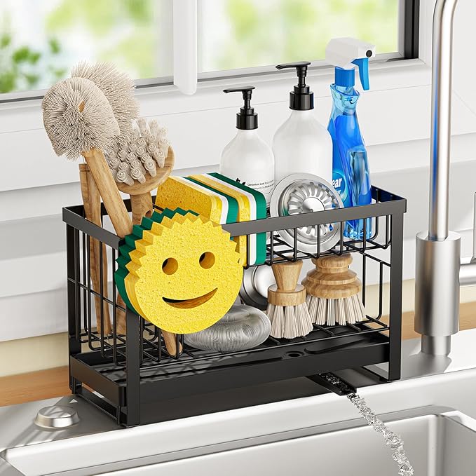 Sponge Holder for Kitchen Sink with Flexible Sponge Holder Smiley Face,2 Tier Kitchen Sink Organizer Countertop and Storage Essentials,Soap Dispenser Organize,Home Decor Accessories-Black