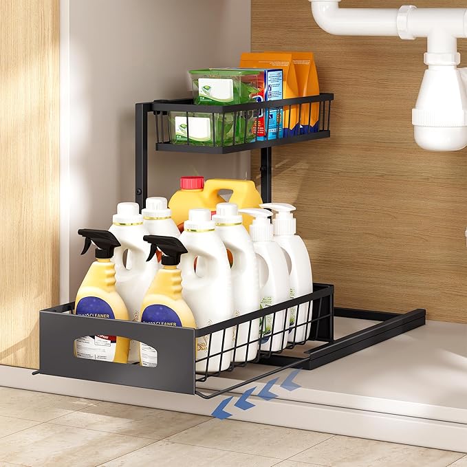 Under Sink Organizer , 2 Pack Height Adjustable Cabinet Organizer with Slide Out Drawer, Pull Out Under Sink Storage, Multi-Purpose 2 Tier Sink Shelves for Kitchen Bathroom Pantry (Black, 2 Pack)