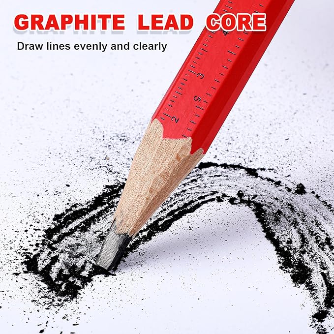 Honoson 200 Pcs Flat Construction Pencils with Printed Ruler Wood Graphite 2 Pcs Carpenter Pencil Sharpener for Woodworking Marking Tool(Red)