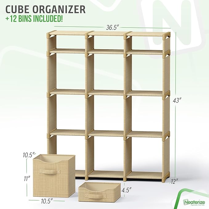 12 Cube Closet Organizer And Storage Unit With Drawers | Includes All Storage Bins | Easy To Assemble Room Organizer For Clothes, Baby, Bedroom, Playroom, Dorm (Beige)