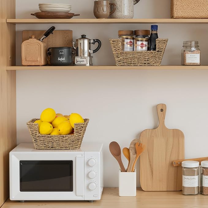 StorageWorks Small Pantry Baskets for Patato and Onion Storage, Wicker Baskets for Organizing with Built-in Handles, Seagrass Pantry Organizers and Storage for Shelves, Countertop, 2 Pack