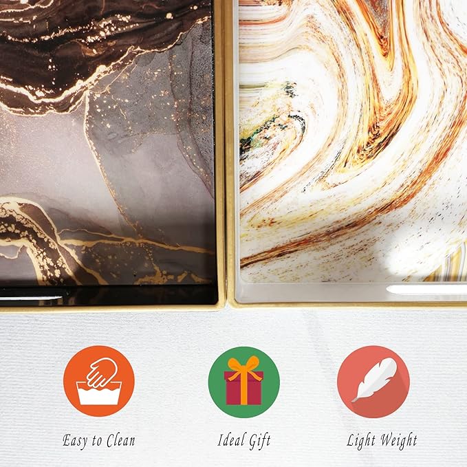 White Marbling Decorative Tray with Handles, Morden Plastic Rectangular Serving Tray for Coffee Table Bathroom, Ottoman, Home Decor, 15.7"* 10.2"* 1.38"