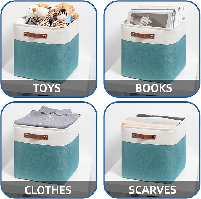 Temary Fabric Storage Cubes 13x13 Storage Baskets for Organizing, 4Pack Large Fabric Storage Bins with Handles Cube Storage Baskets for Storage Clothes, Books (White&Teal)