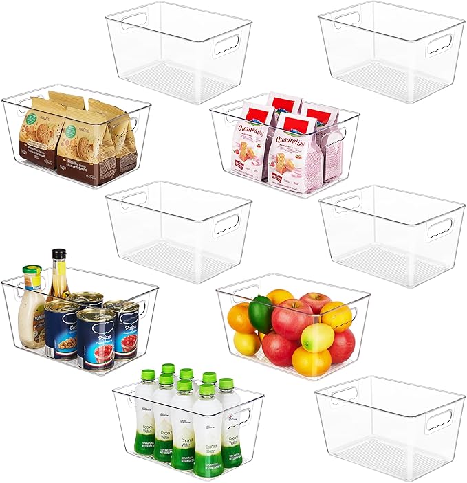 YIHONG Clear Pantry Storage Organizer Bins, 10 Pack Plastic Food Storage Bins with Handle for Kitchen,Refrigerator, Freezer,Cabinet Organization and Storage