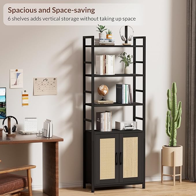 Rattan Bookshelf with Doors,70" Tall Bookcase with Storage Cabinet,6 Tier Book Shelf for Living Room/Bedroom/Home Office/Kitchen,70"(H)*26"(L)*11.8"(W)