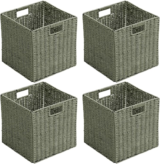 Handwoven Paper Woven Cube Basket Organizer with Handles set of 4 Foldable Storage baskets for Bedroom Living Room Cubby Storage Units for Clothes Books Toys (Green, 13" L x 13" W x 13" H)