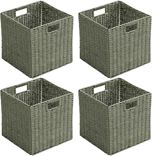 Handwoven Paper Woven Cube Basket Organizer with Handles set of 4 Foldable Storage baskets for Bedroom Living Room Cubby Storage Units for Clothes Books Toys (Green, 13" L x 13" W x 13" H)