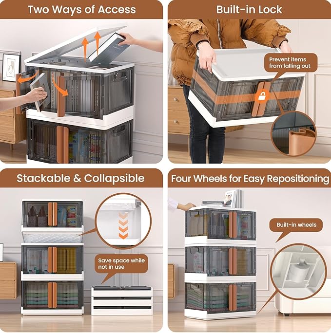 LCG 3-Tier Foldable Plastic Storage Bins with Lids and Doors, 57 Gallon (19 Gal x 3pack), Stackable Organizer Drawer (Large)