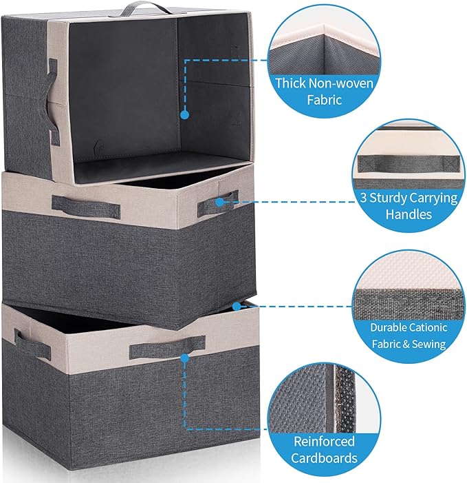 GhvyenntteS Large Fabric Storage Bins for Shelves with 3 Handles, 15x11x9.6 Inch Closet Storage Bins, Sturdy Foldable Storage Baskets for Shelves Closet Bedroom Living Room Office (Beige, Set of 3)