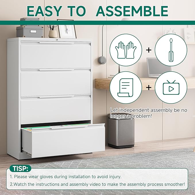 Metal Steel Filling Cabinets for Home Office - 4 Drawer Lockable Lateral File Cabinet for Hanging Files Letter/Legal/F4/A4 Size, Assembly Required - White