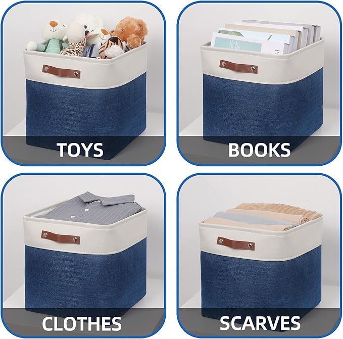 Temary Blue Storage Baskets for Shelves 13 Inch Cube Storage Bins 4Pack Fabric Cubes Basket with Handles for Organizing Shelf Baskets for Home Office Closet (White&Blue)