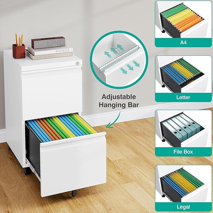 SISESOL Assembled 2 Drawer File Cabinet on Wheels,Metal Filing Cabinet with Lock,White Rolling File Cabinets,Under Desk Office Cabinets for Home Office,Fit A4/Letter/Legal,Pre-Assembled Except Caster