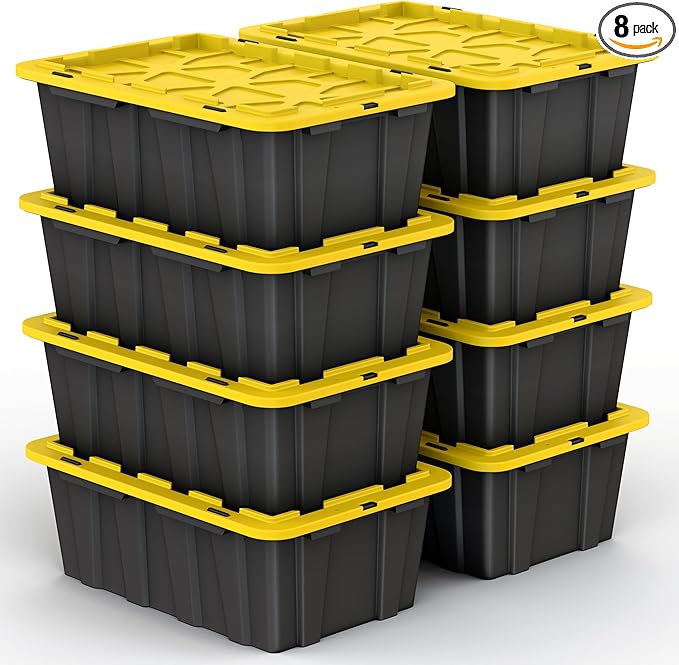 Lifetime Home 8 PACK of Medium 12 Gallon Plastic Storage Bin Tote Organizing Container with Ultra Durable Secure Latching Lids, Stackable, Extra Strength Clear with Built in Handle - Black and Yellow