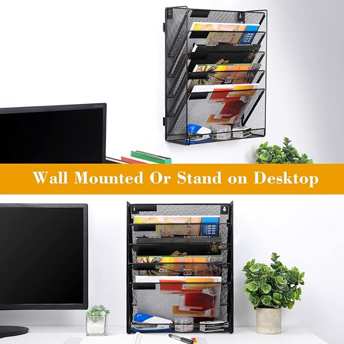 EasyPAG 6 Tier Wall File Holder with Flat Tray, Black | Easy Assemble Mesh Desk File Organizer | 5-Folder Paper Storage | Replaceable Classify Labels | Space Saving Mail Organizer for Office Home