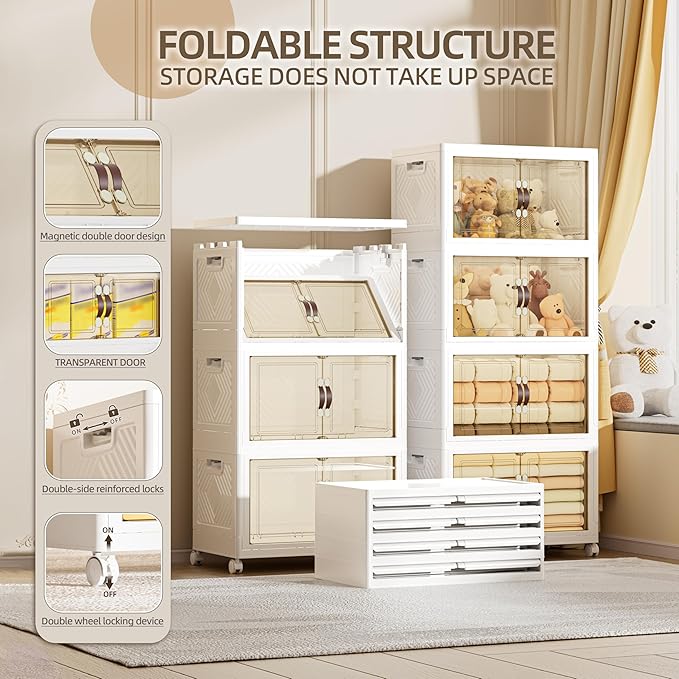 268 QT / 67 Gal Extra Wide Foldable Plastic Cabinet with Double Magnetic Doors & Leather Handles - Stackable, 4 Locking Wheels, Space Saving Storage for Small Spaces