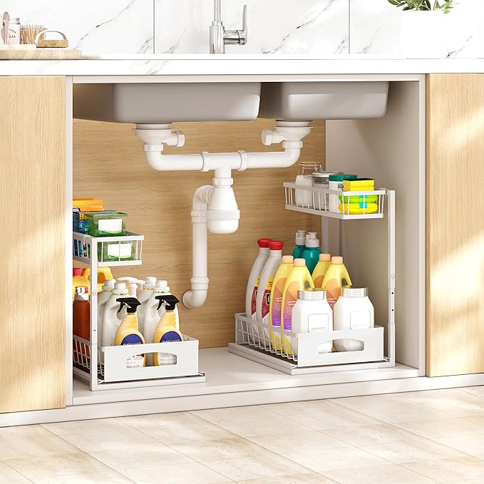 Under Sink Organizer, 2 Pack Height Adjustable Cabinet Organizer with Slide Out Drawer, Pull Out Under Sink Storage, Multi-Purpose 2 Tier Sink Shelves for Kitchen Bathroom Pantry (White, 2 Pack)