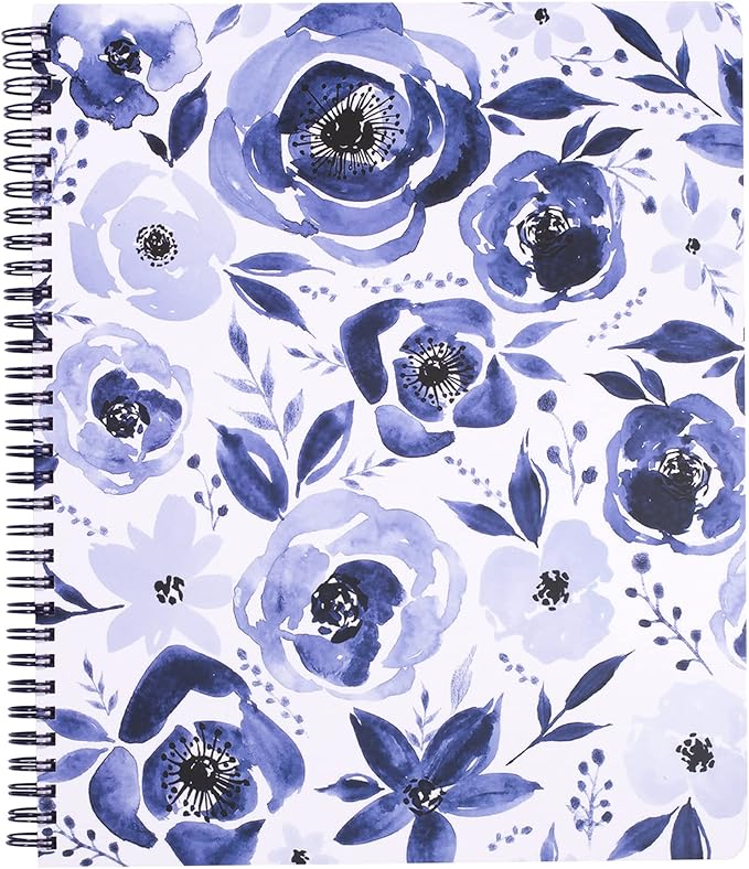 Steel Mill & Co Cute Large Spiral Notebook College Ruled, 11" x 9.5" with Durable Hardcover and 160 Lined Pages, Watercolor Floral (White)