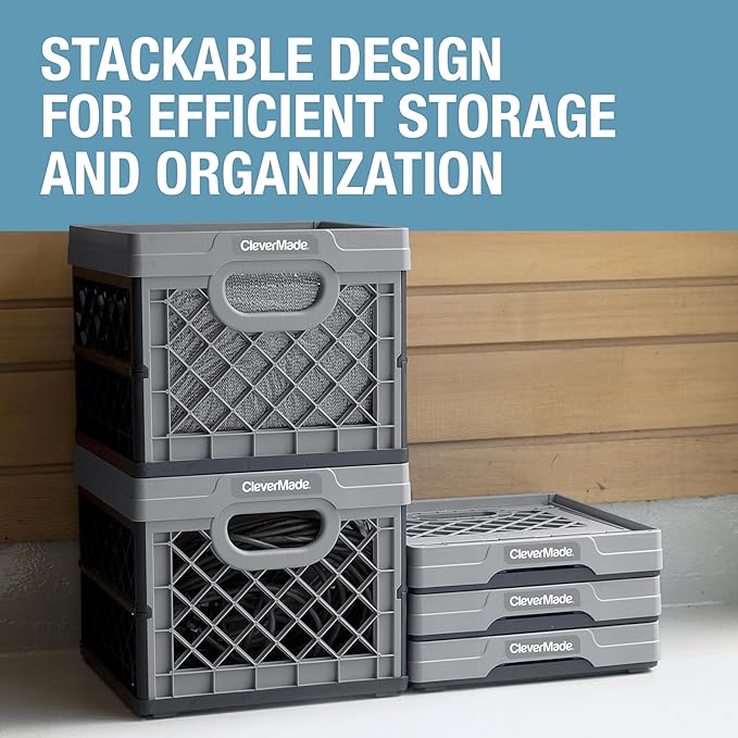 CleverMade Collapsible Milk Crate, Stone, 3PK - 25L (6 Gal) Stackable Storage Bins, Holds 50lbs Per Bin - Clevercrates are Heavy Duty, Plastic Collapsible Storage Crate for Multi Purposes