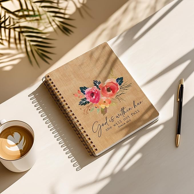 Bible Notebook, A5 Spiral Christian Journal with Floral Pink Butterfly Notebook, Bible Verse-He Restores My Soul, Inspirational Notebooks for Women, Bible Study, Gift for Birthday Christmas, Office Supplies (Brown)