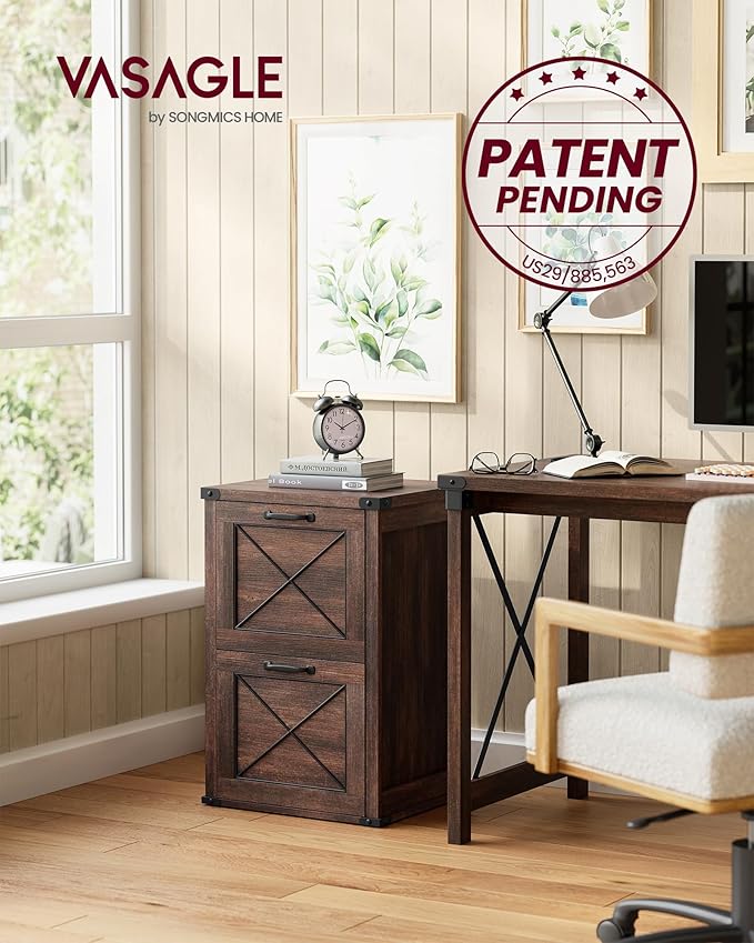 VASAGLE File Cabinet, Filing Cabinet with 2 File Drawers, Printer Stand, Fit A4, Letter Size, Hanging File Folders, Modern Farmhouse Style, for Home Office, Maroon Brown UOFC048K01