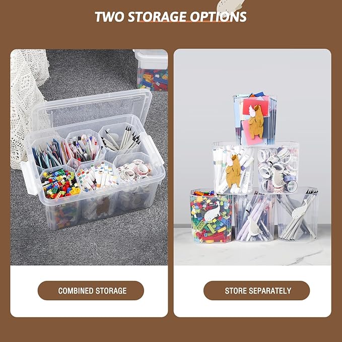 loobuu 17QT Plastic Storage Bins with Lids - 1 Pack Art Craft Supply Organizer Box with Brush Pot for Kids, Stackable Clear Pen Container for Toy/Sewing/Comestic/Tool/Playdoh (1 Pack)