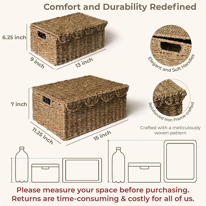 KOKODO Set of 2 Scalloped Wicker Baskets – Handwoven Rectangular Seagrass Storage Baskets with Lid and Handles for Organizing, Living Room & Shelf Décor – Decorative Rattan Organizing Bins