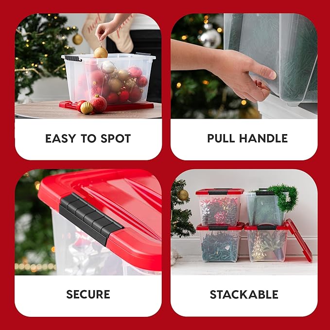 IRIS USA 19 Qt. Stackable Plastic Storage Bins with Lids, 4 Pack - BPA-Free, See-Through Organizing Solution, Latches, Durable Nestable Containers, Secure Pull Handle, Made in USA - Red