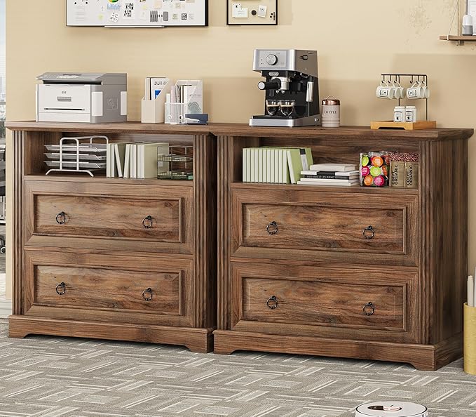 Itaar 2 Drawer File Cabinet, Farmhouse Filing Cabinet for Home Office Fits Letter, Legal, A4 Size, Wood Lateral File Cabinet with Printer Stand, Storage Shelf, Brown