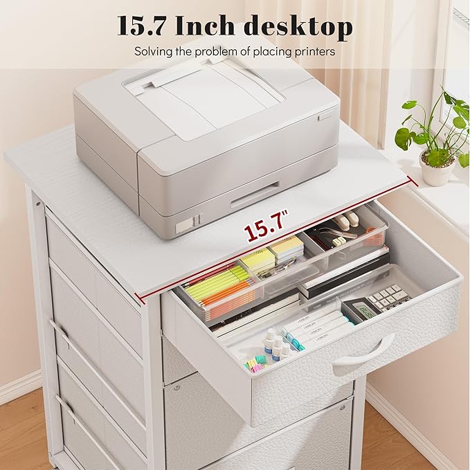 4 Drawers Mobile File Cabinet Vertical Filing Cabinet with Fabric Drawer Fits A4/Letter Size Printer Stand for Home Office，White