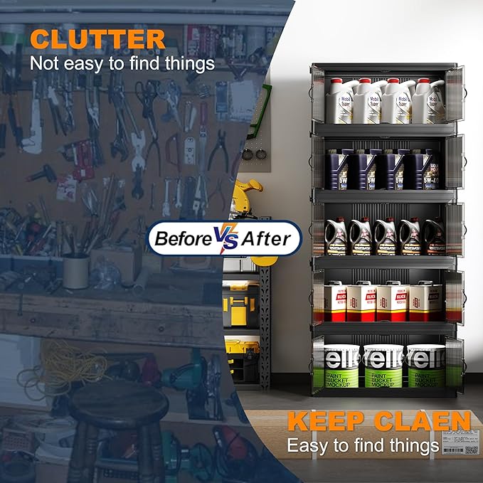 SAILUN 145Gal/580Qt Stackable Storage Bins Folding Collapsible Storage Bins with Lid, Closet Organizers and Storage, Storage Box with Door Black 26" W x 17" D x 71" H