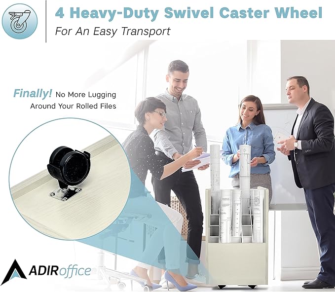 AdirOffice Adir Blue Print Storage Organizer - Mobile Roll File Cart, Construction Plan Holders, Blueprint Cabinet with Wheels, Roll Files Storage for Office and Home (20 Slots, White)
